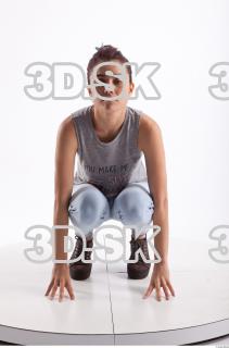 Kneeling photo references of Molly blue jeans womna singlet 0001